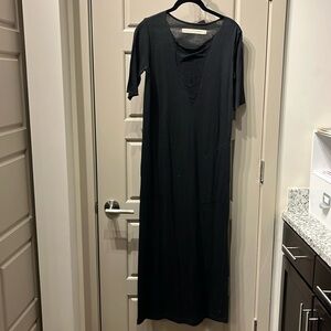 Raquel Allegra black Tshirt dress, sheer front detail, side pockets